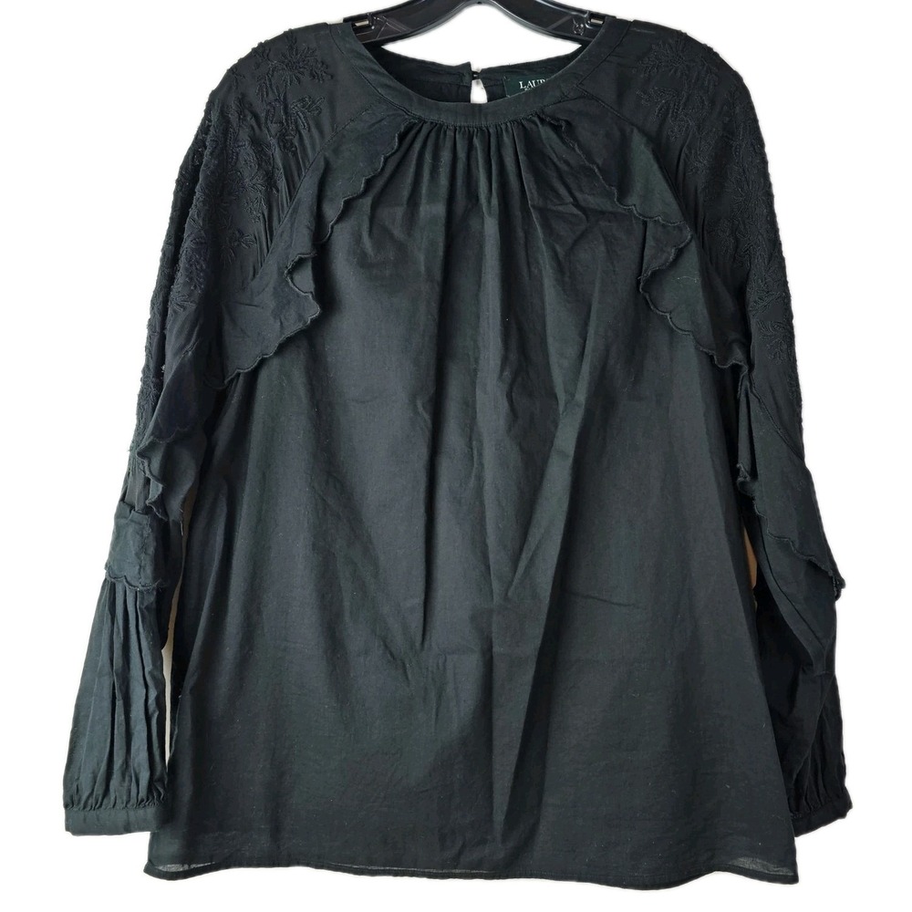 Lauren Ralph Lauren Womens Black Cotton M Ruffle LS Top Burnout Sleeves Pullover